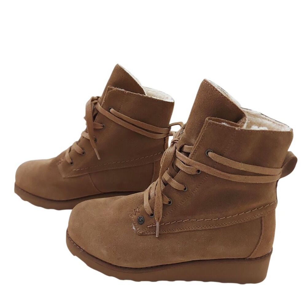 Bearpaw Krista Ankle Boots Womens 8 Brown Suede Lace Up Wool Lined Winter Warm